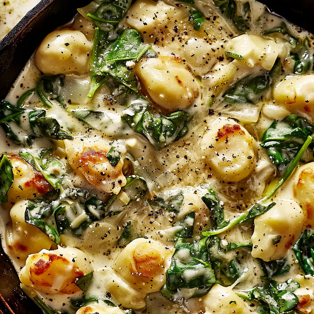 Recipe preparation for Creamy Spinach Artichoke Gnocchi Skillet