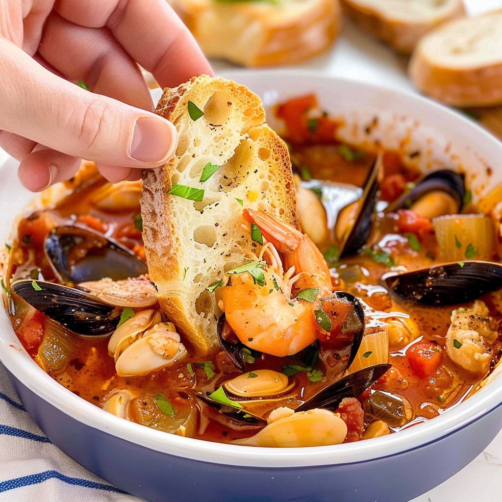 Recipe preparation for Saffron Seafood Stew with Rustic Bread