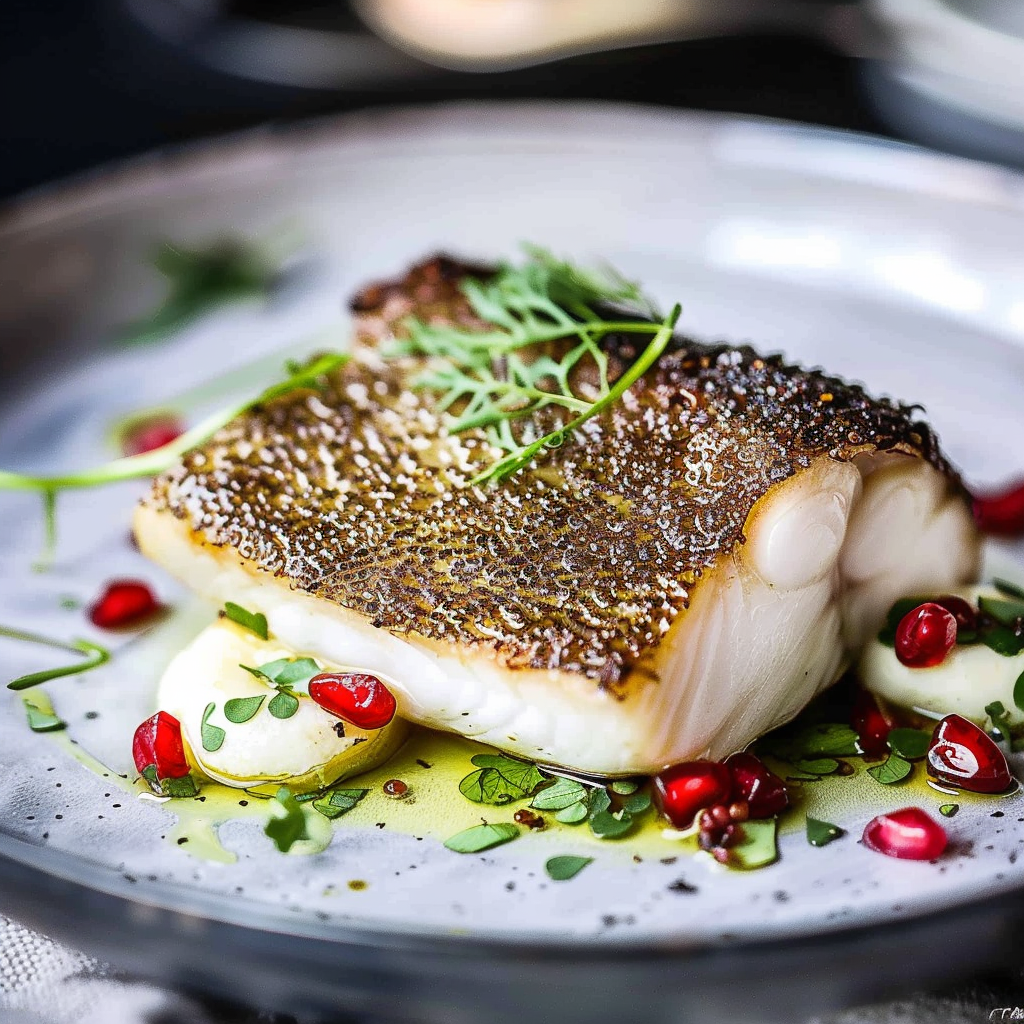 Recipe preparation for Citrus Herb Sea Bass with Pomegranate Seeds
