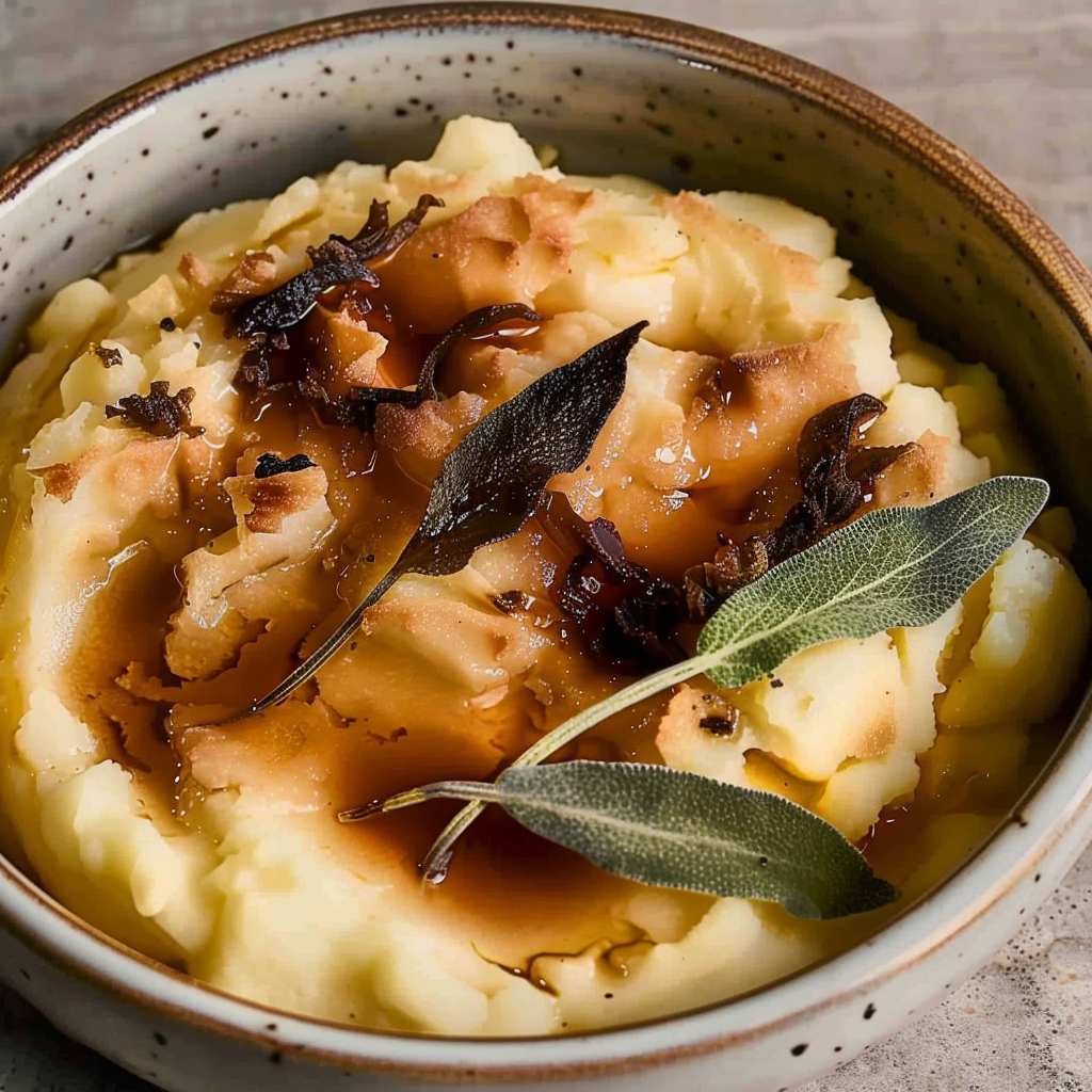 Recipe preparation for Brown Butter Parsnip Mash with Crispy Sage
