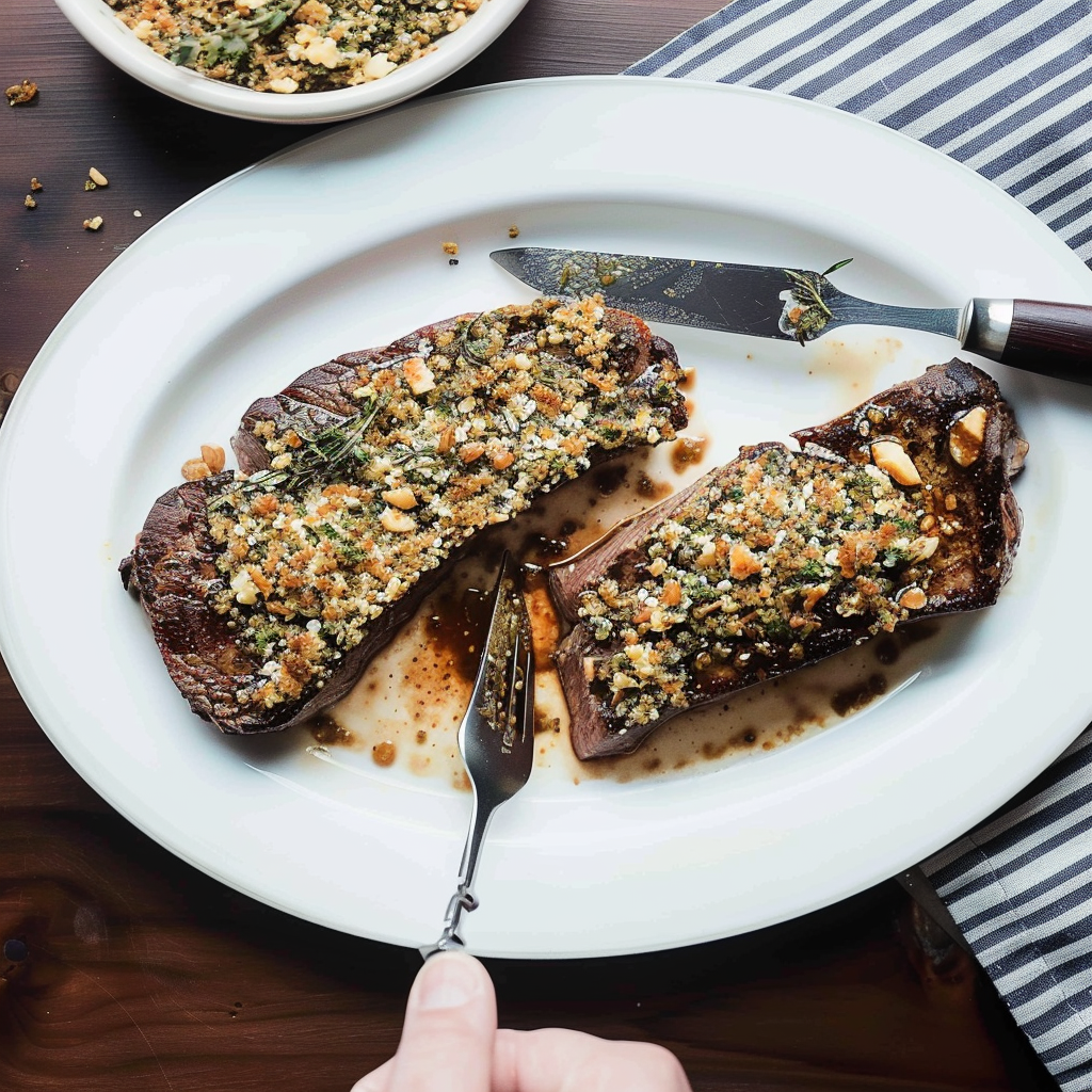 Recipe preparation for Strip Steak with Blue Cheese Crust