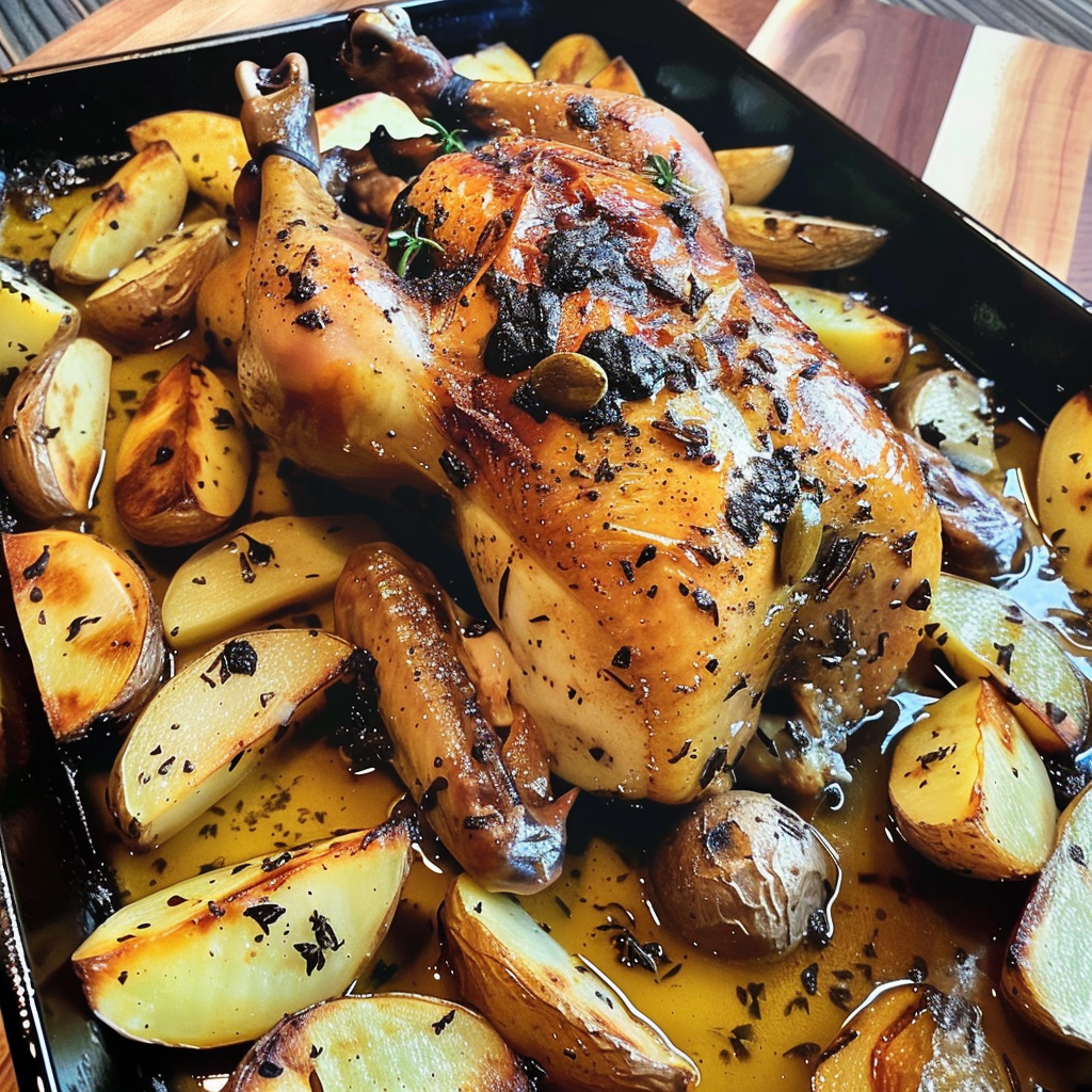 Recipe preparation for Roast Chicken with Schmaltz Potatoes
