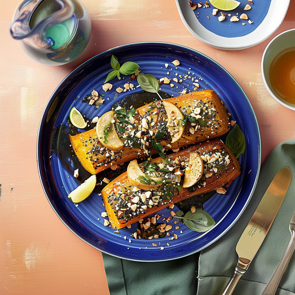 Recipe preparation for Hasselback Pumpkin with Macadamia Dukkah