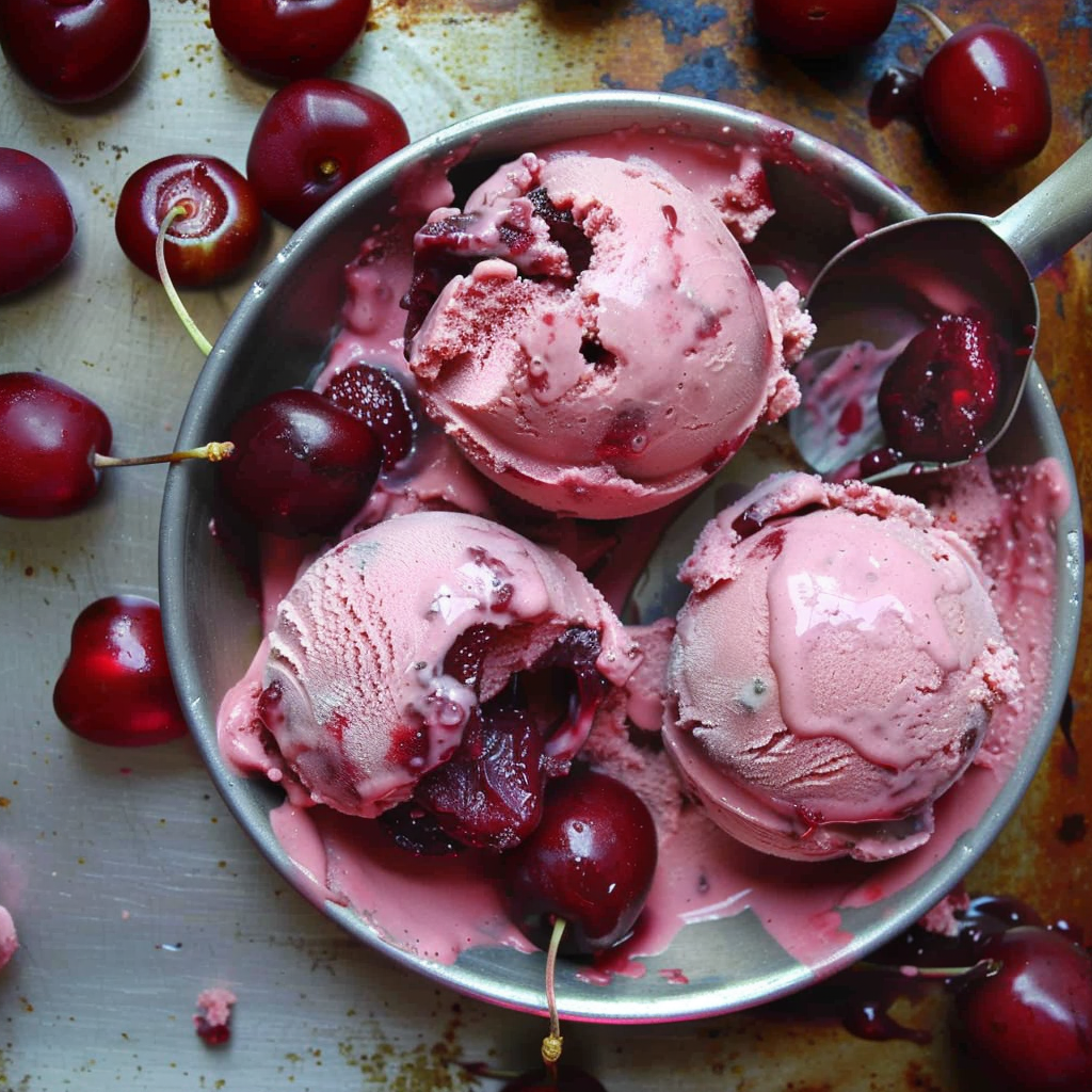 Recipe preparation for Cherries Ice Cream with Rosewater Syrup