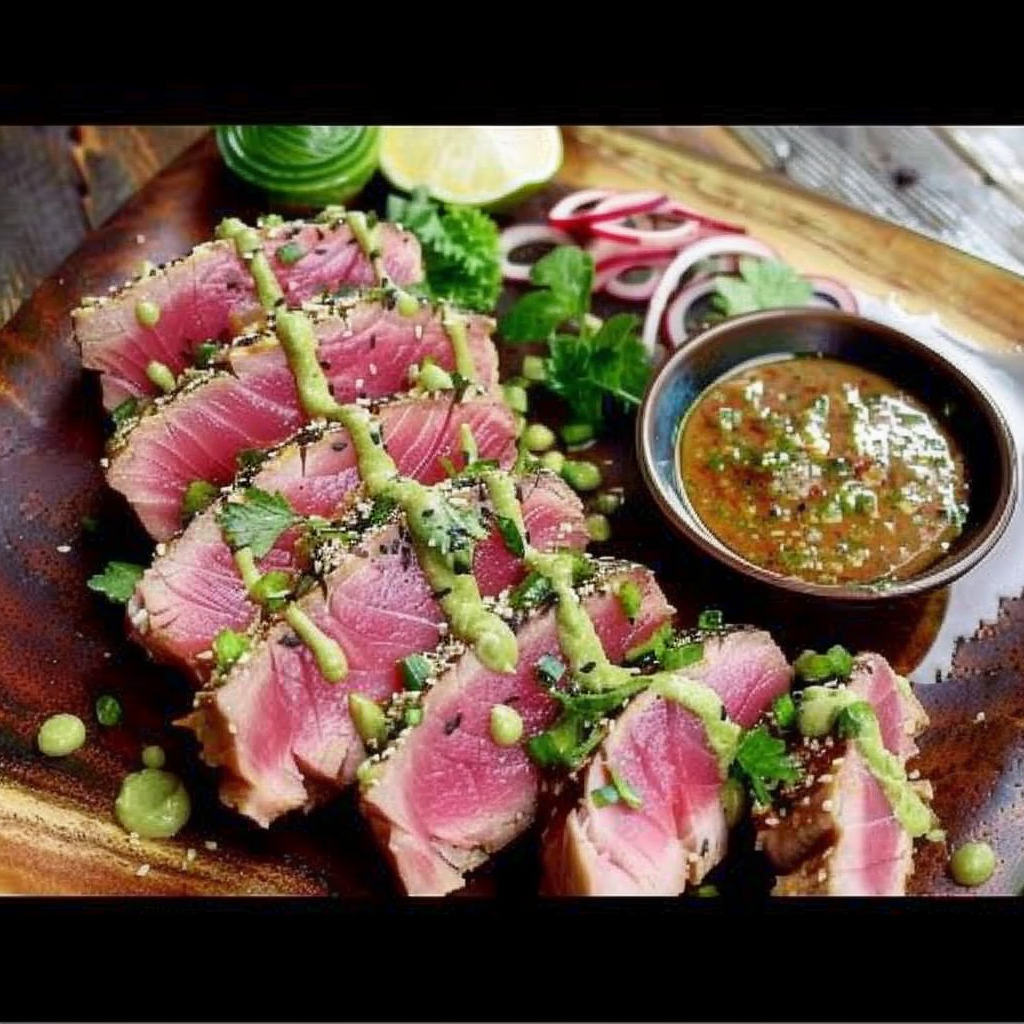 Recipe preparation for Tuna Tataki with Wasabi Pea Crumble