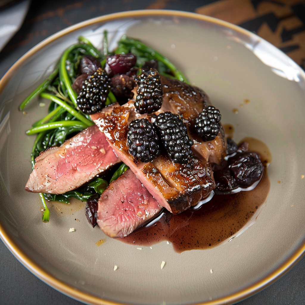 Recipe preparation for Pan-Seared Duck with Spiced Blackberry Reduction