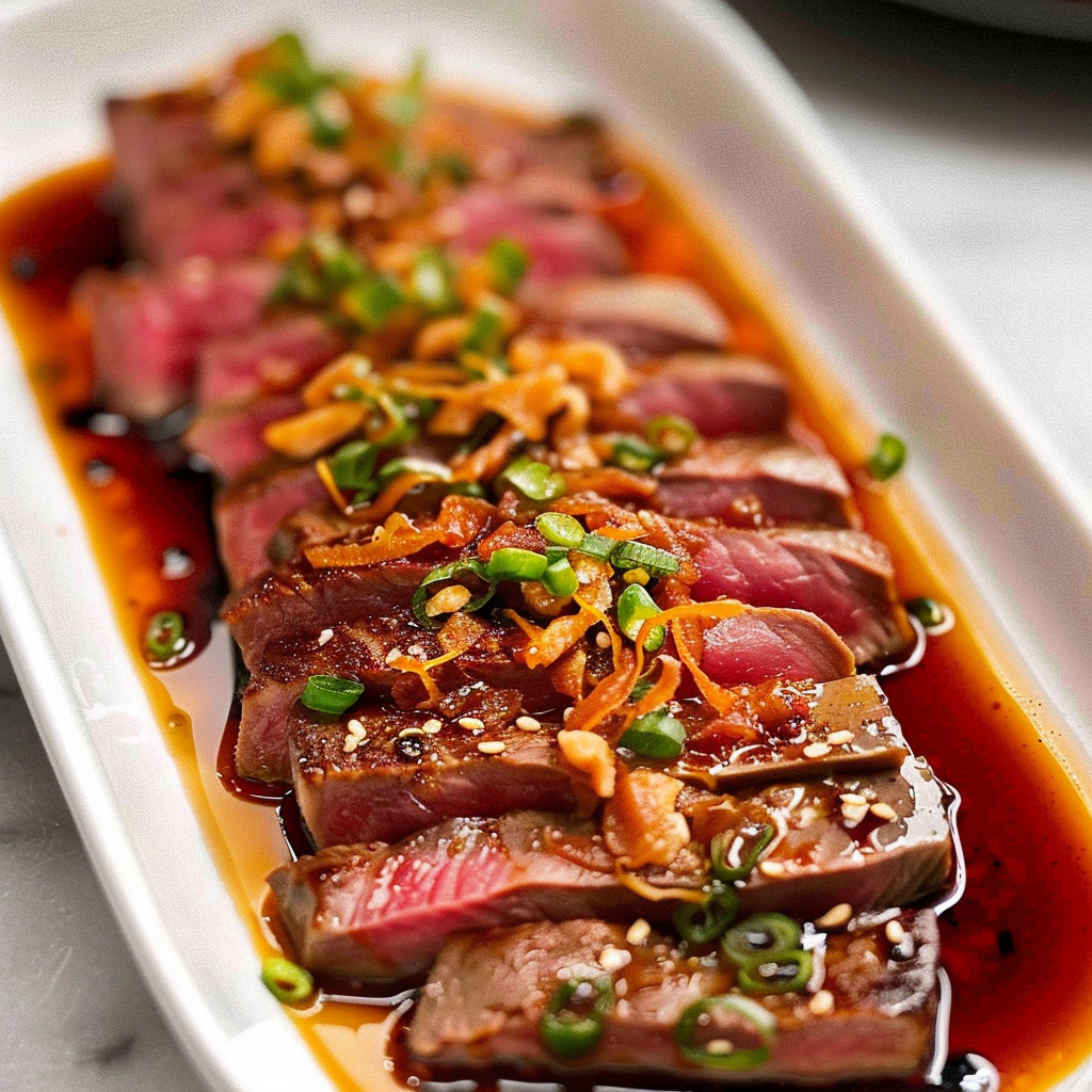 Recipe preparation for Wagyu Beef Tataki with Crispy Garlic & Ponzu