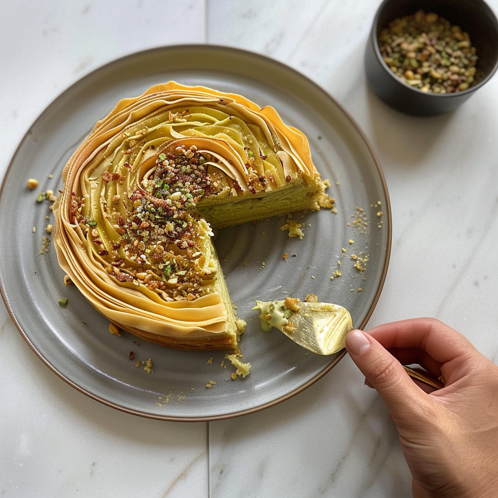Recipe preparation for Pistachio Baklava Cheesecake