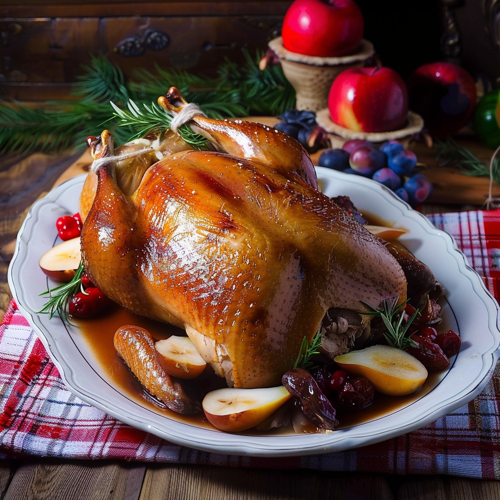 Recipe preparation for Roast Goose with Armagnac & Prunes