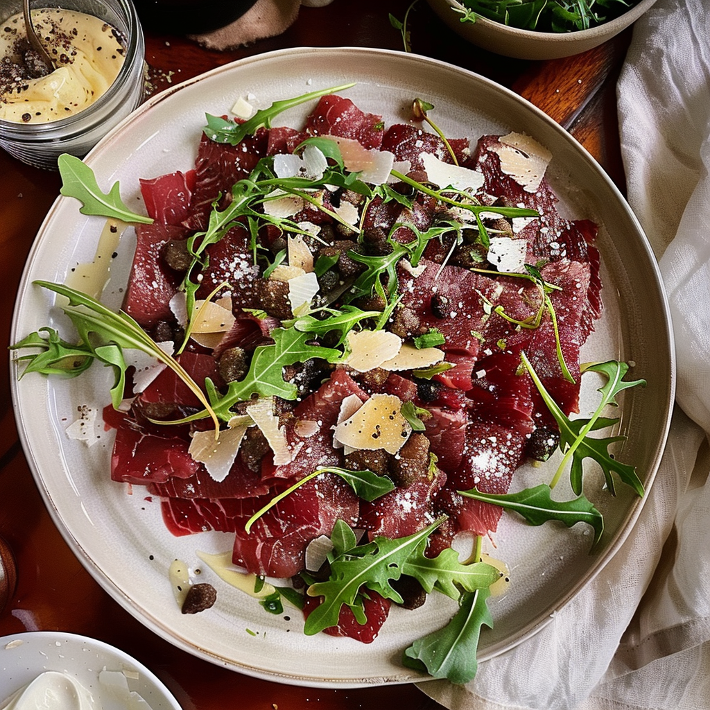 Recipe preparation for Wagyu Beef Carpaccio with Truffle Pearls