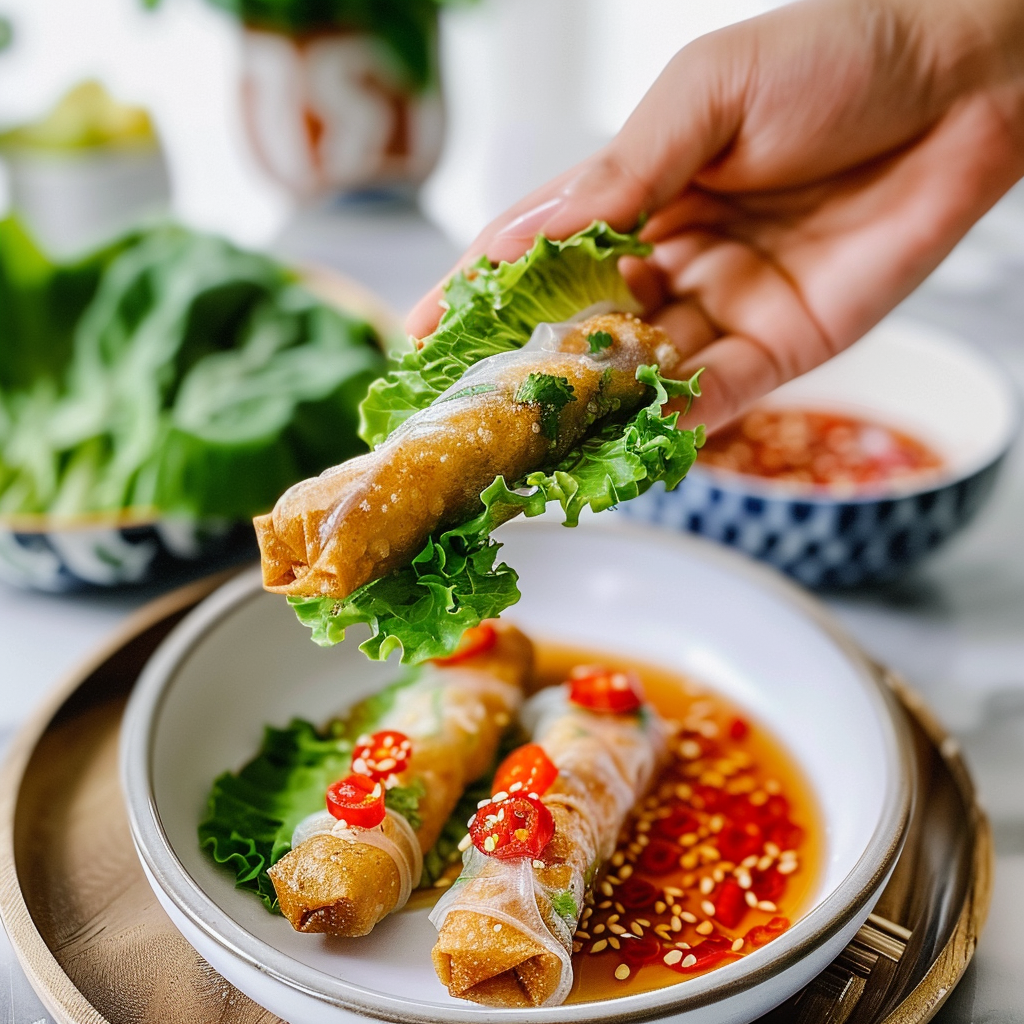 Recipe preparation for Crispy Spring Rolls with Nuoc Cham