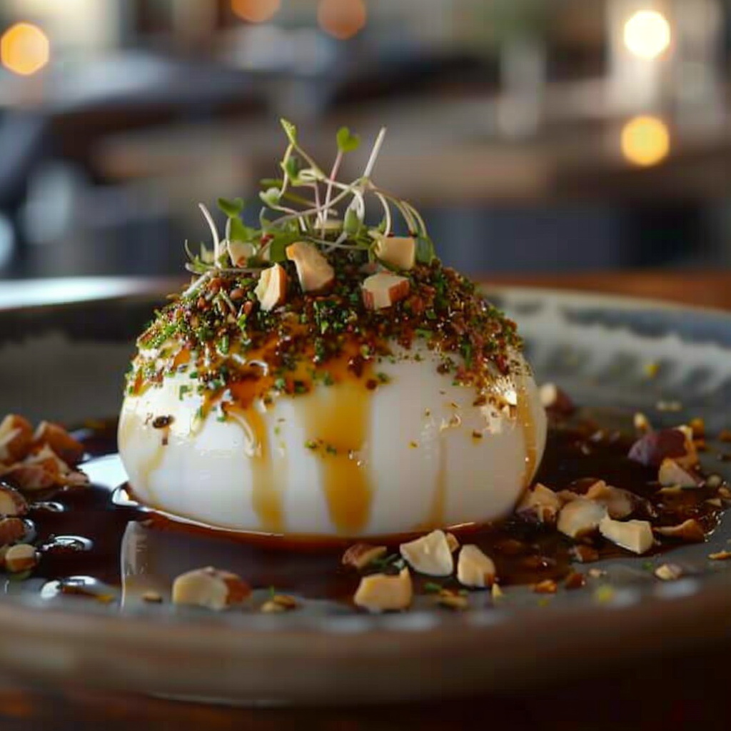 Recipe preparation for Burrata with Toasted Pistachios & Honey