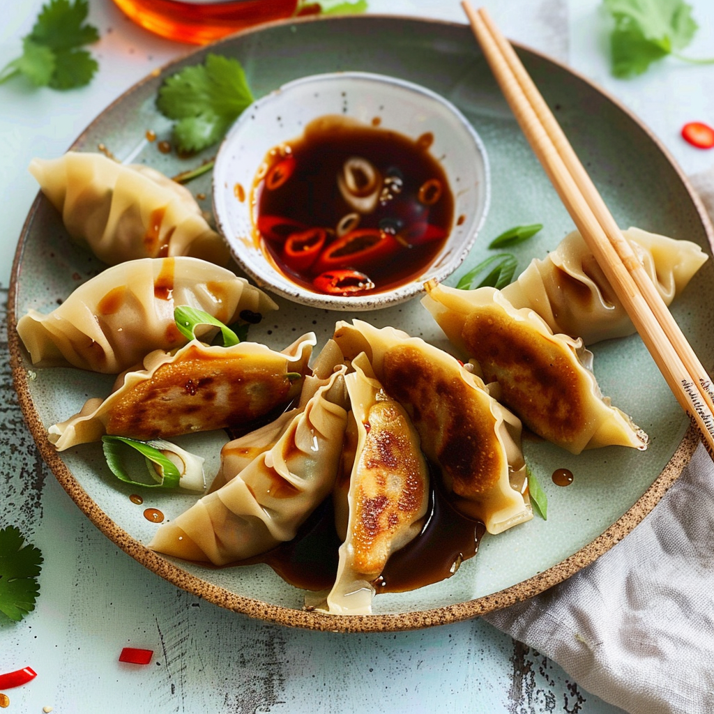 Recipe preparation for Cabbage & Pork Gyoza with Garlic-Soy Dip