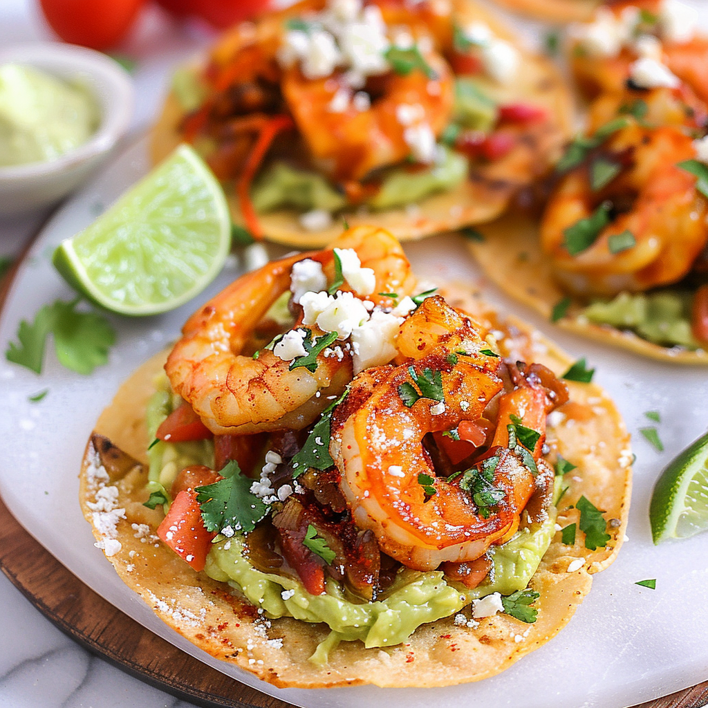 Recipe preparation for Avocado & Shrimp Tostadas with Lime