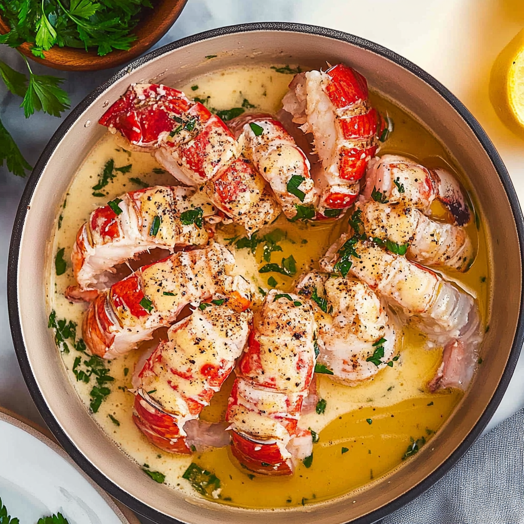 Recipe preparation for Garlic-Butter Poached Lobster