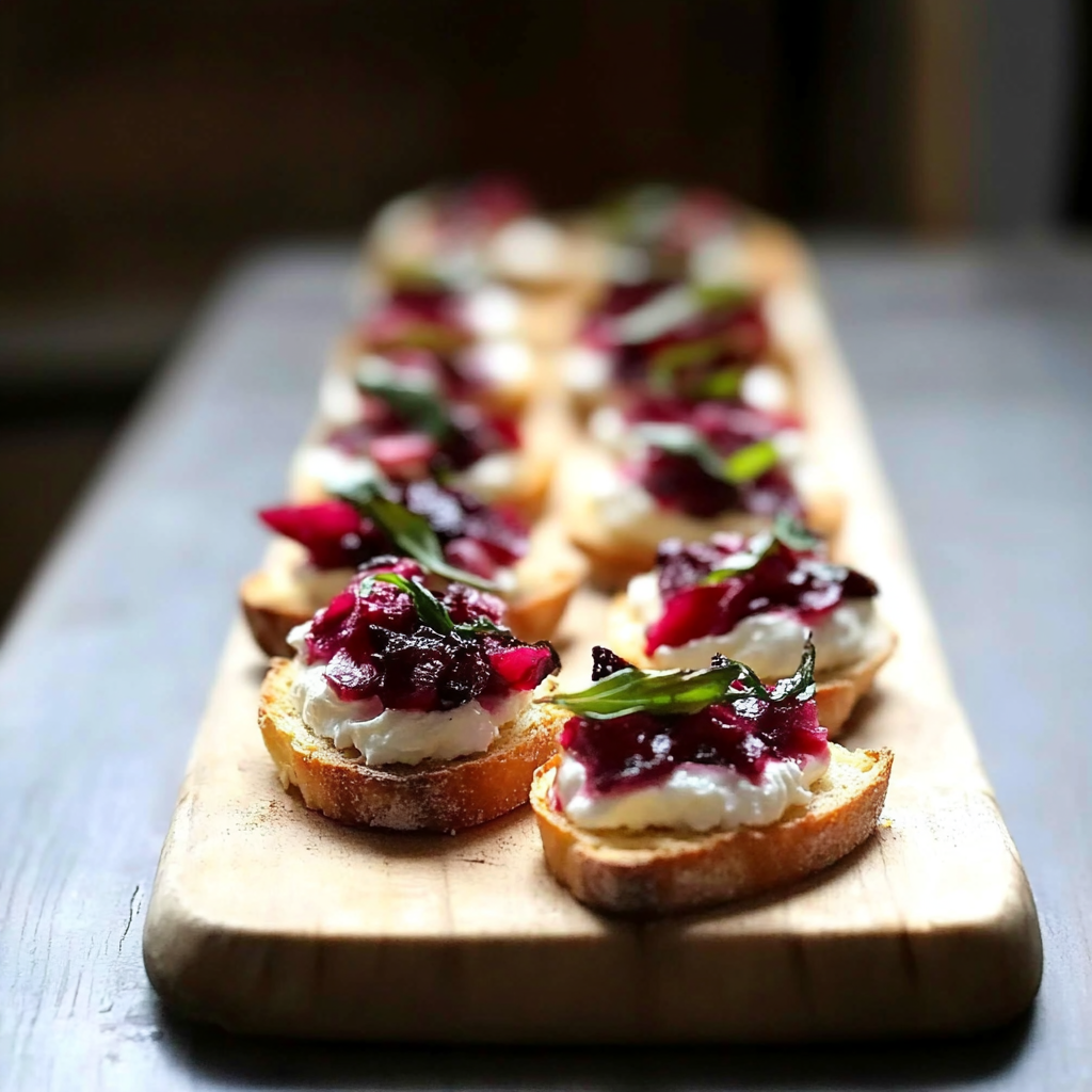 Recipe preparation for Roasted Beet & Goat Cheese Crostini