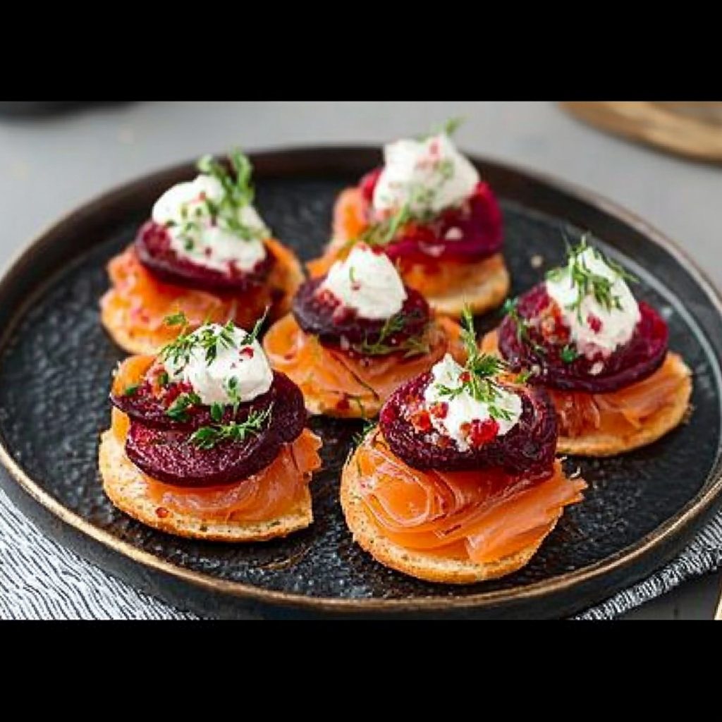 Recipe preparation for Beetroot-Cured Salmon Blinis