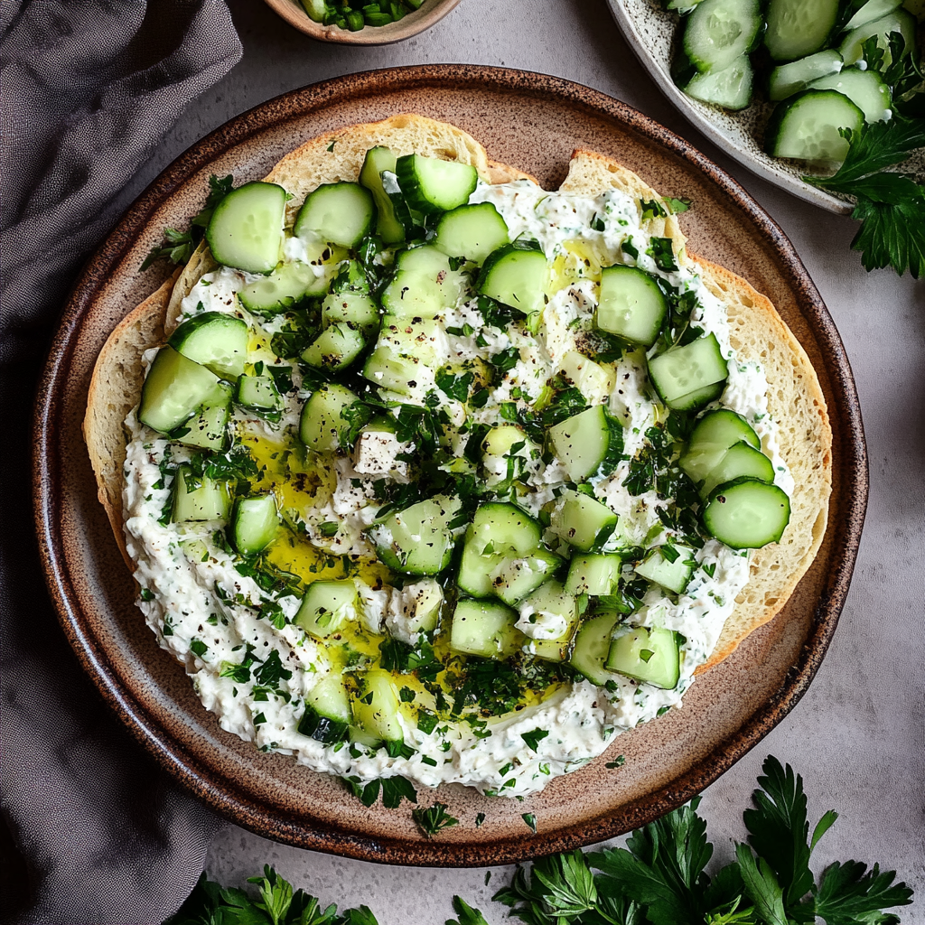 Recipe preparation for Whipped Feta & Cucumber Tartines