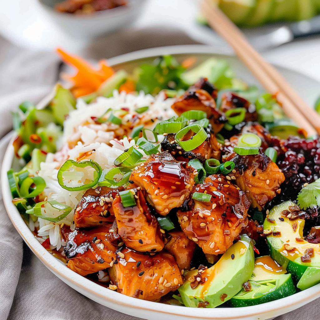 Recipe preparation for Honey Garlic Salmon & Roasted Veggie Bowl