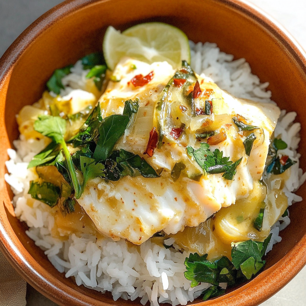 Recipe preparation for Coconut Poached Cod with Jasmine Rice