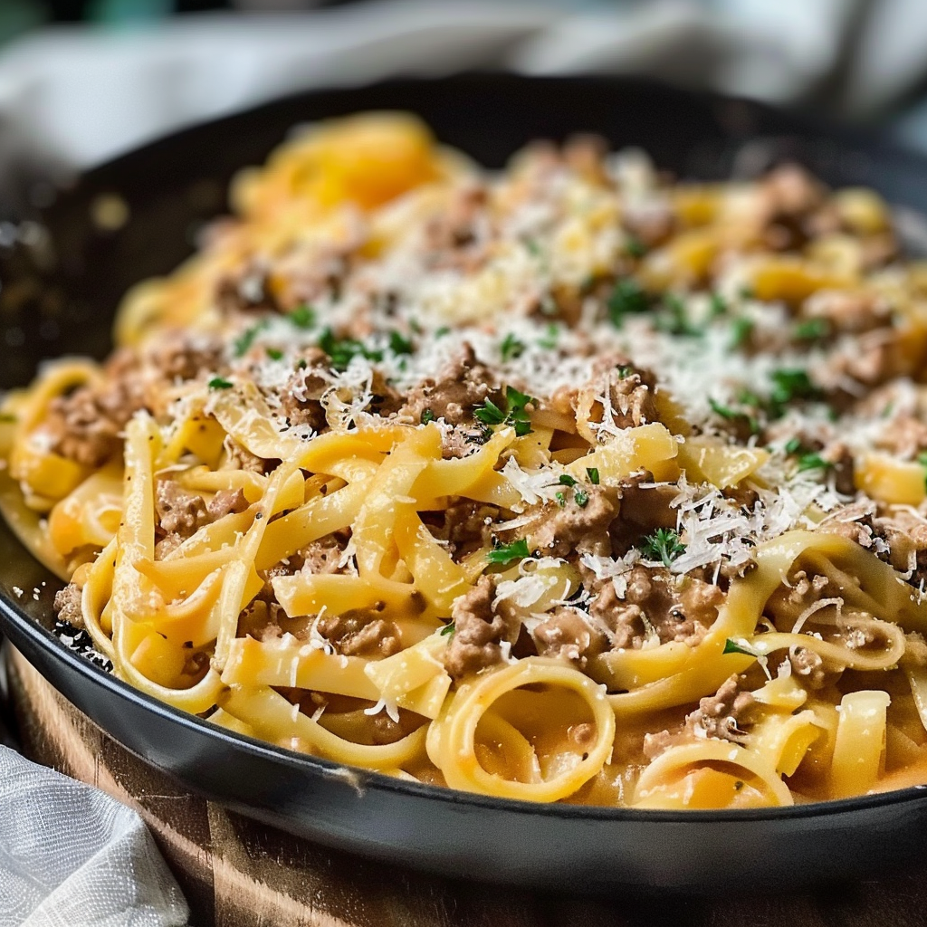 Recipe preparation for Creamy Garlic Butter Beef Ragu Pasta Skillet