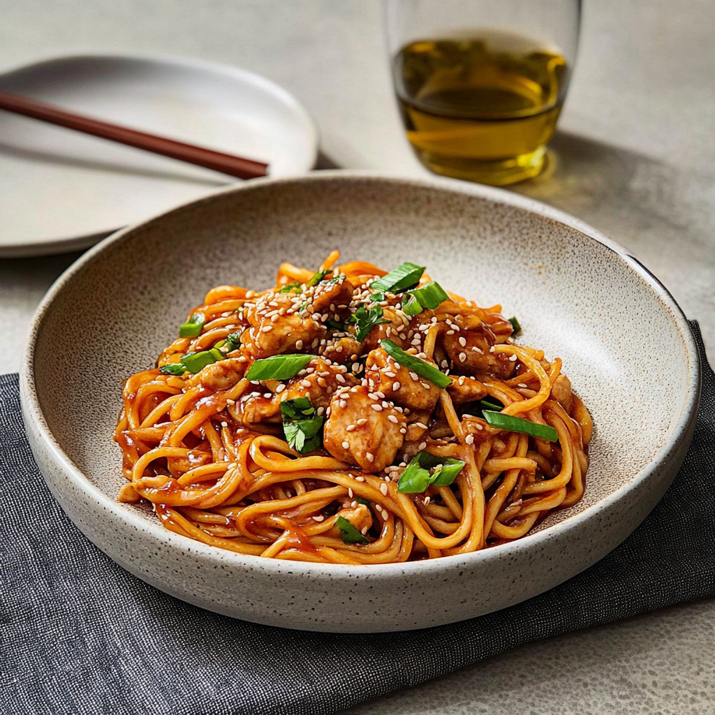 Recipe preparation for Sticky Garlic Chicken Noodles