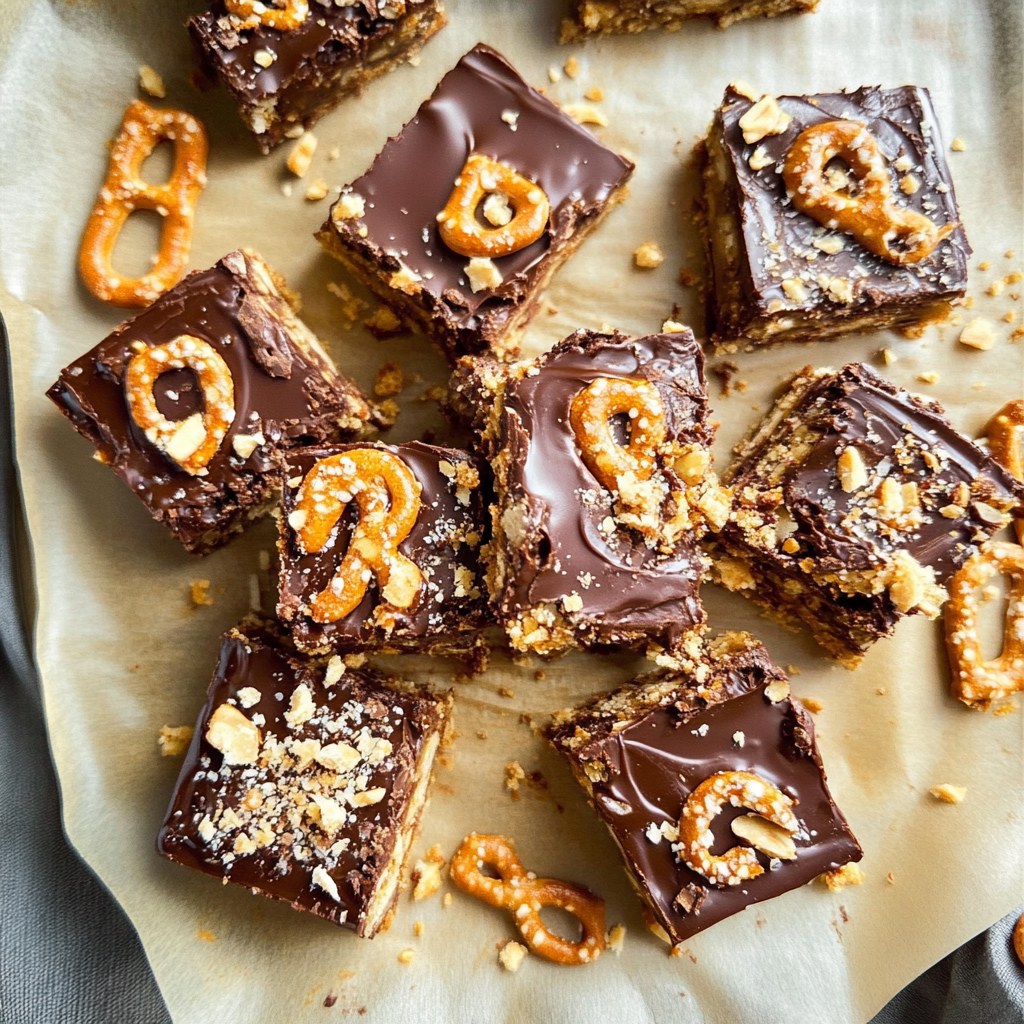 Recipe preparation for Salted Chocolate and Caramel Pretzel Bars