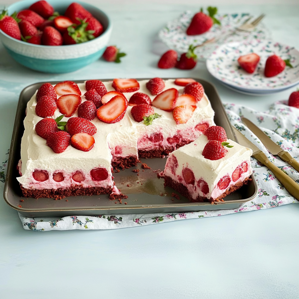 Recipe preparation for Strawberries and Cream Sheet Cake