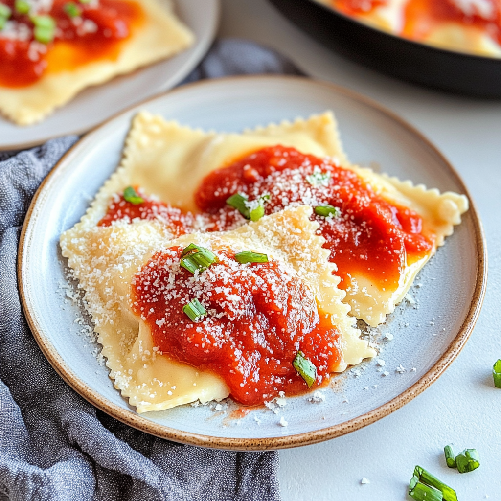 Recipe preparation for Cheese Ravioli with Red Pepper Tomato Sauce
