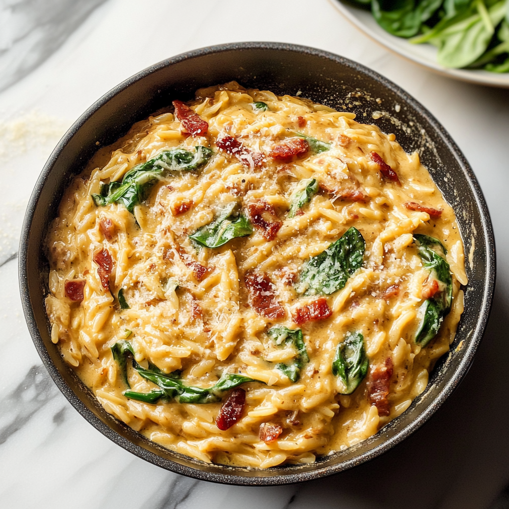 Recipe preparation for Creamy Spinach and Bacon Orzo Skillet
