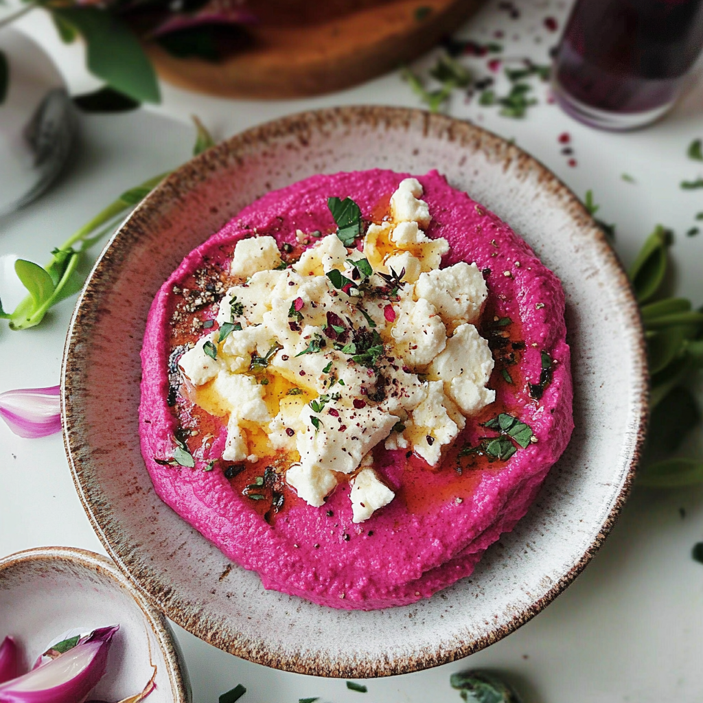Recipe preparation for Creamy Beetroot Feta Dip