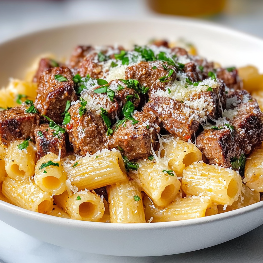 Recipe preparation for Cajun Steak in Cheesy Rigatoni Parmesan Sauce