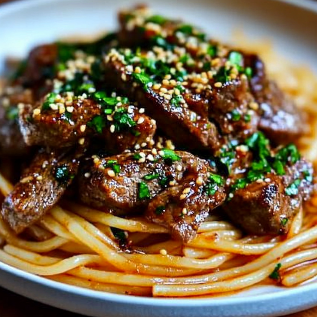 Recipe preparation for Sweet and Spicy Garlci Steak Pasta