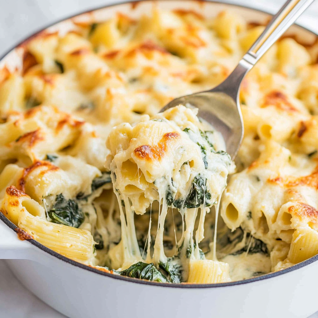 Recipe preparation for Creamy Spinach Artichoke Pasta Bake