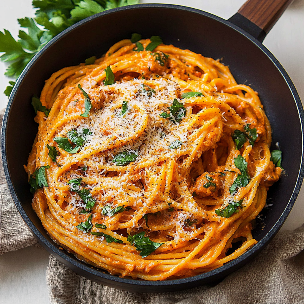 Recipe preparation for Spaghetti with Creamy Roasted Bell Pepper Sauce