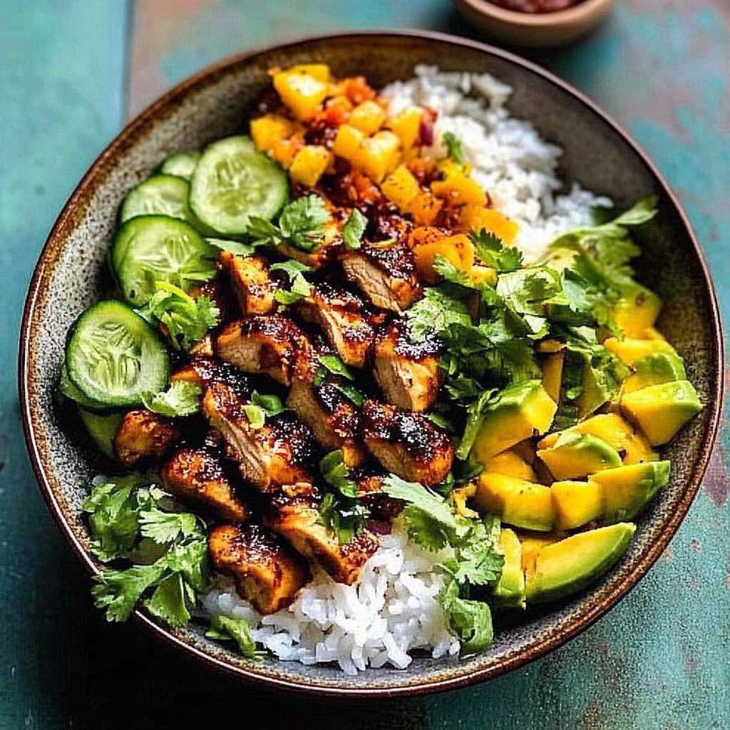 Recipe preparation for Chili Crisp Chicken Mango Cucumber Rice Bowl