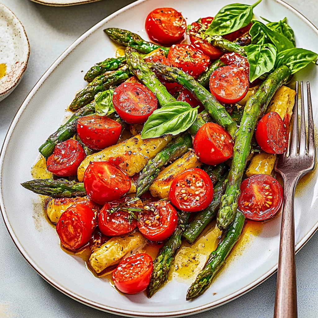 Recipe preparation for Roasted Asparagus Salad with Tomato and Basil