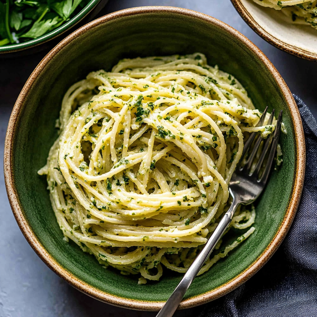 Recipe preparation for Spaghetti with Garlic Parsley Oil
