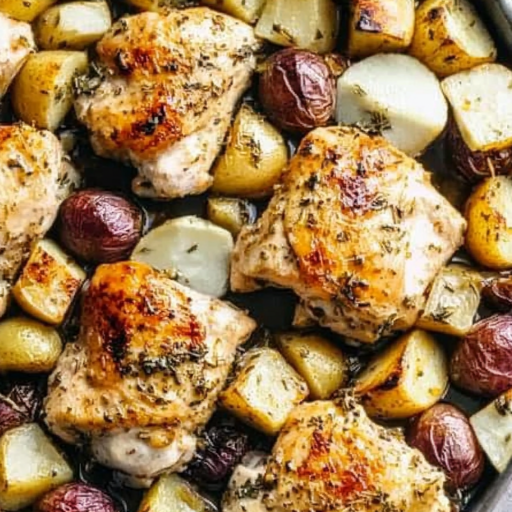 Recipe preparation for Mediterranean Lemon Herb One-Pan Chicken & Potatoes