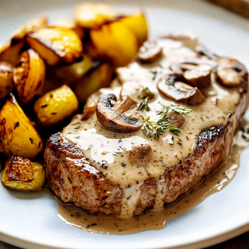 Recipe preparation for Creamy Mushroom Steak with Garlic Thyme Butter