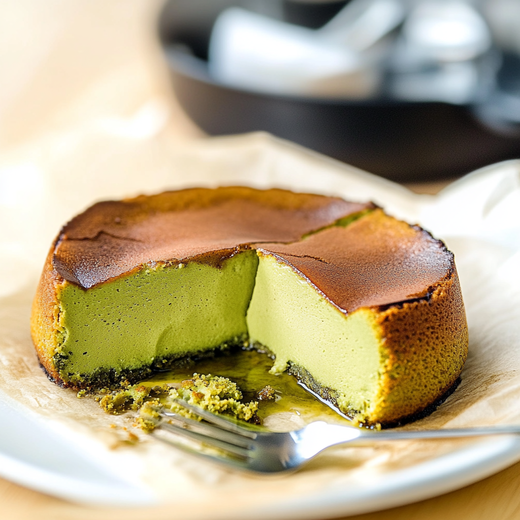 Recipe preparation for Mini Matcha Basque Cheesecakes