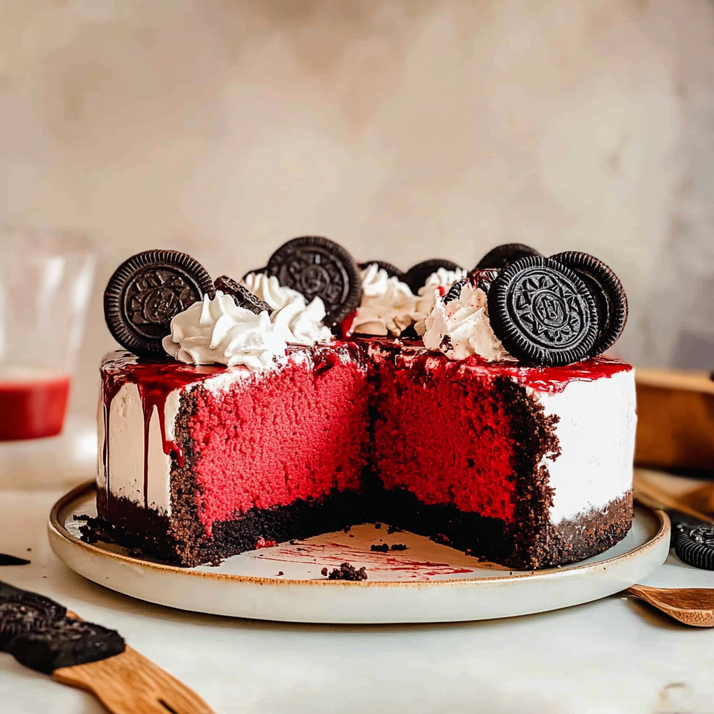 Recipe preparation for Red Velvet Oreo Cheesecake