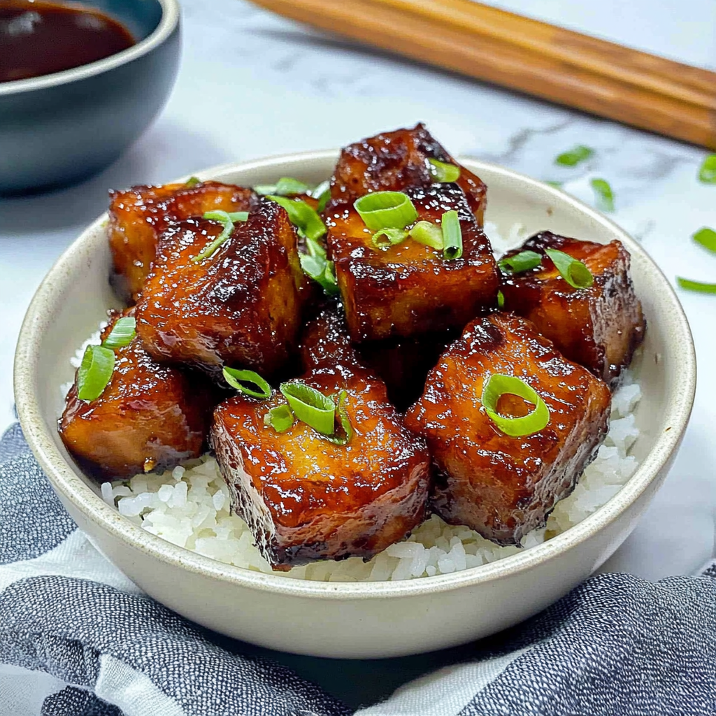 Recipe preparation for Honey Garlic Pork Belly Bites with Rice