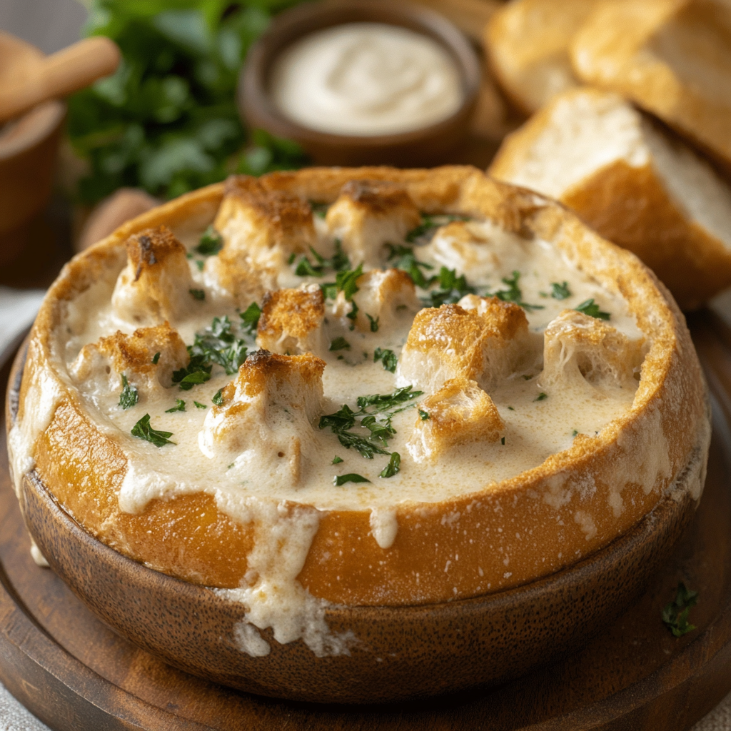 Recipe preparation for Chicken Alfredo Garlic Bread Bowls