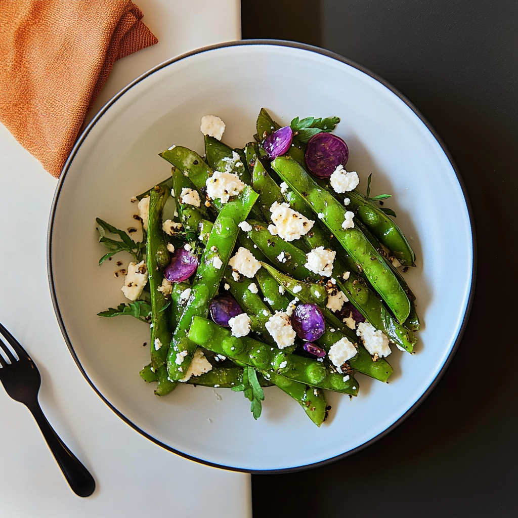 Recipe preparation for Blistered Snap Peas with Feta and Walnut Gremolata