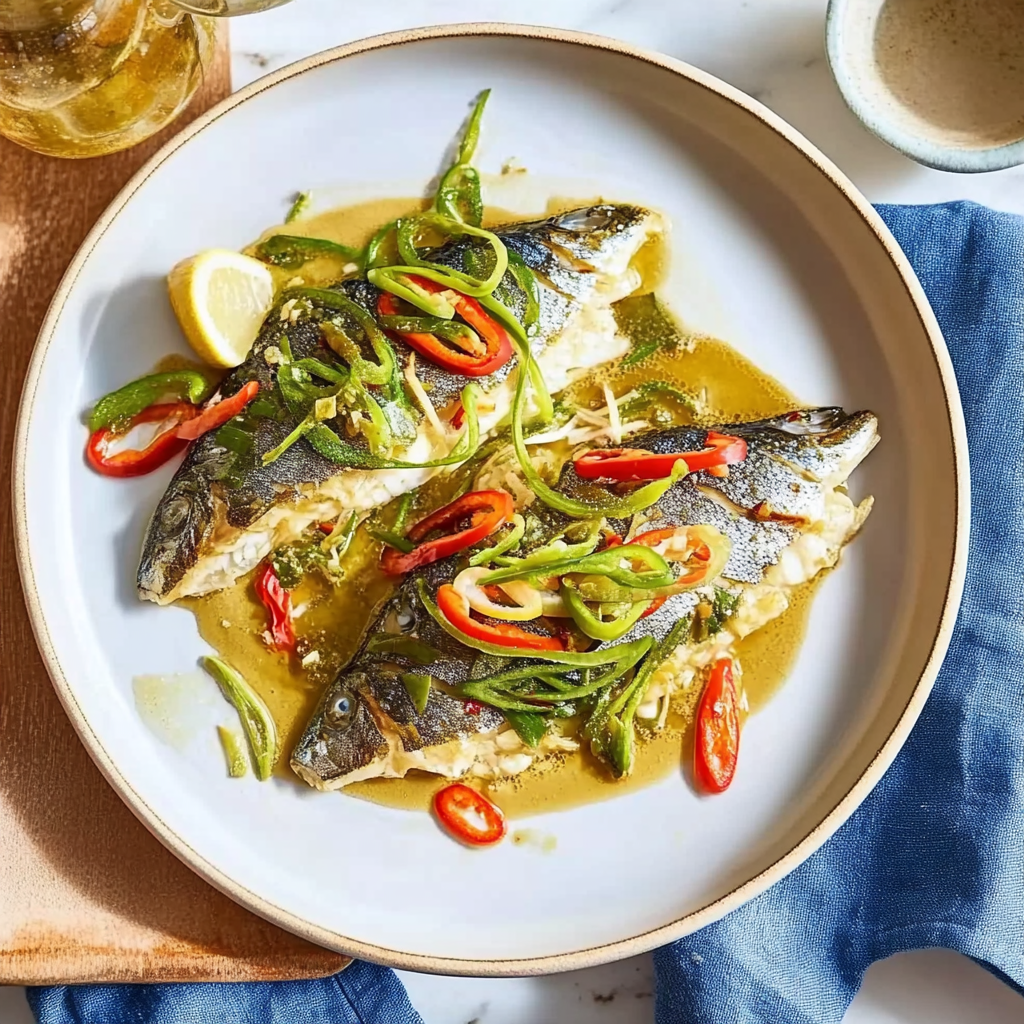 Recipe preparation for Sea Bass with Sizzled Ginger, Chilli and Spring Onions