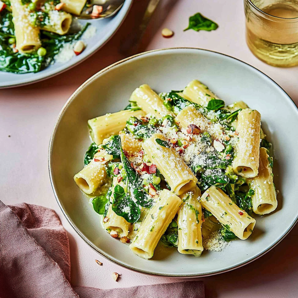 Recipe preparation for Creamy Spring Greens Rigatoni