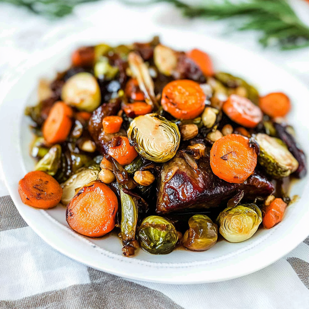 Recipe preparation for Pot Roast with Brussels Sprouts, Baby Carrots and Leeks