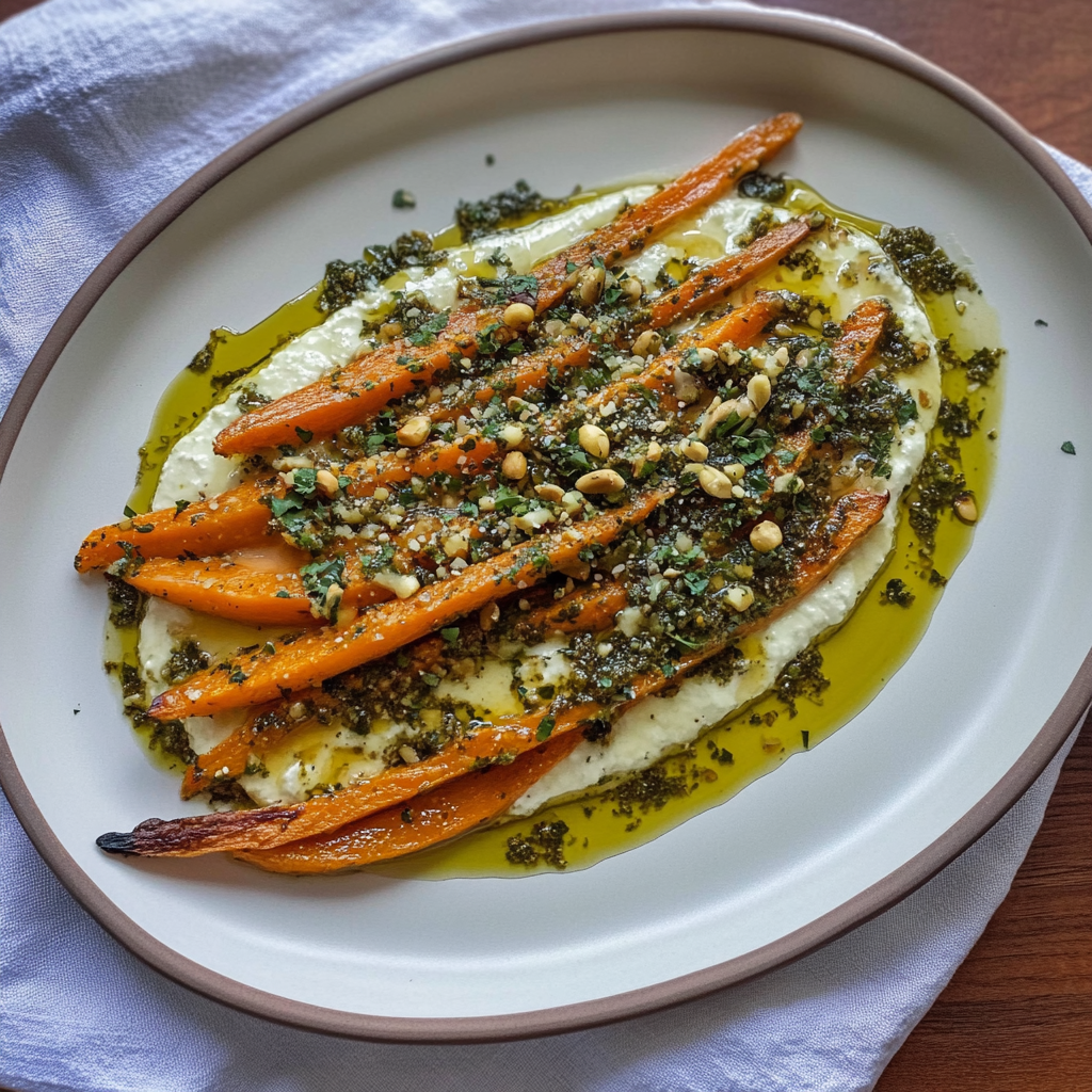 Recipe preparation for Roasted Carrot & Whipped Ricotta Flatbreads with Pistachio Dust