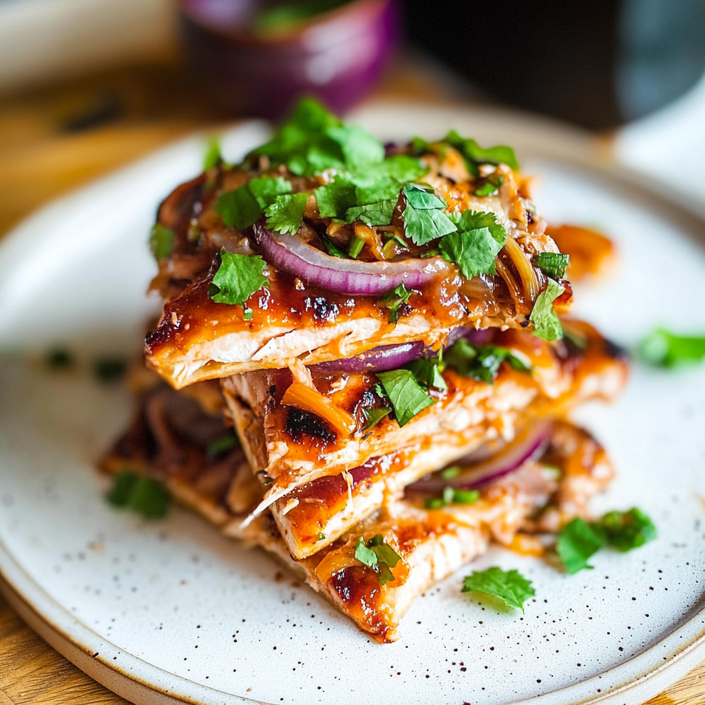 Recipe preparation for BBQ Chicken Flatbread with Red Onion and Cilantro